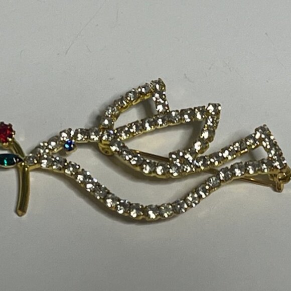VTG Rhinestone Crystals Christmas Peace Dove Red Rose Brooch Pin 2.25" - Picture 9 of 14